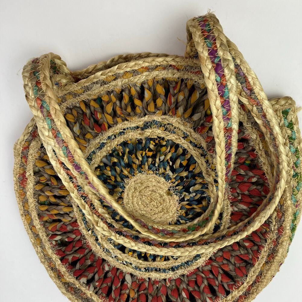 Boho Colorful Recycled Woven Jute Bag Circle Shaped Shoulder Tote Beach Bag - Picture 13 of 16